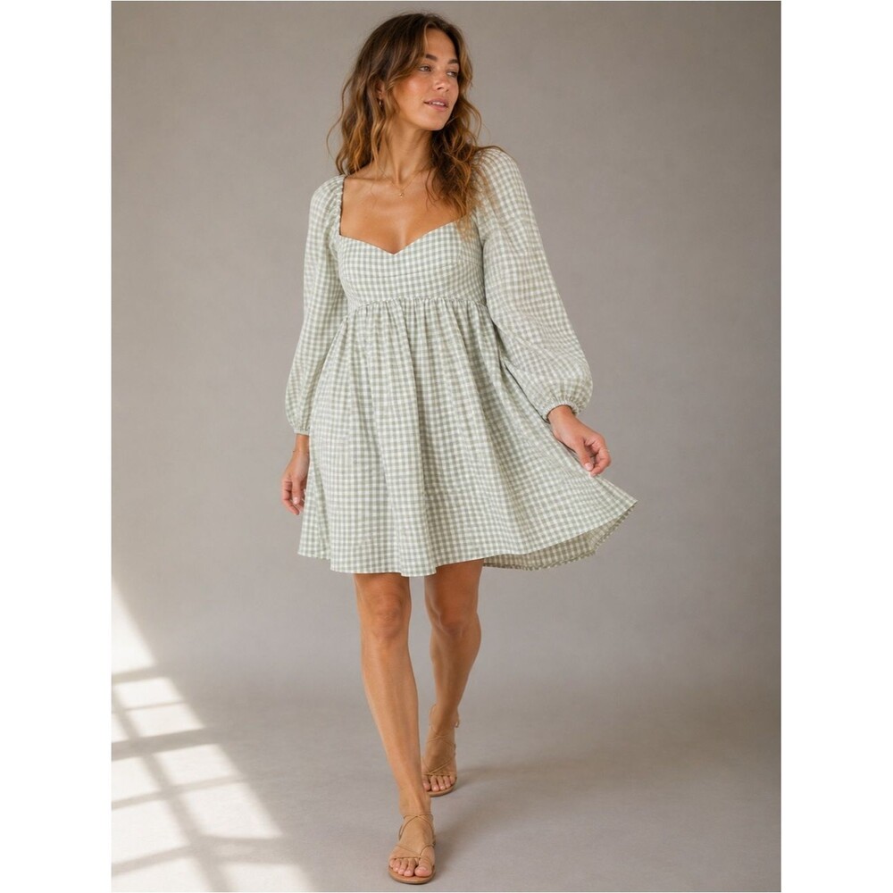 NWT Gianni Bini Womens 6 Sage Gingham Mini Dress Puff Sleeve Cottagecore